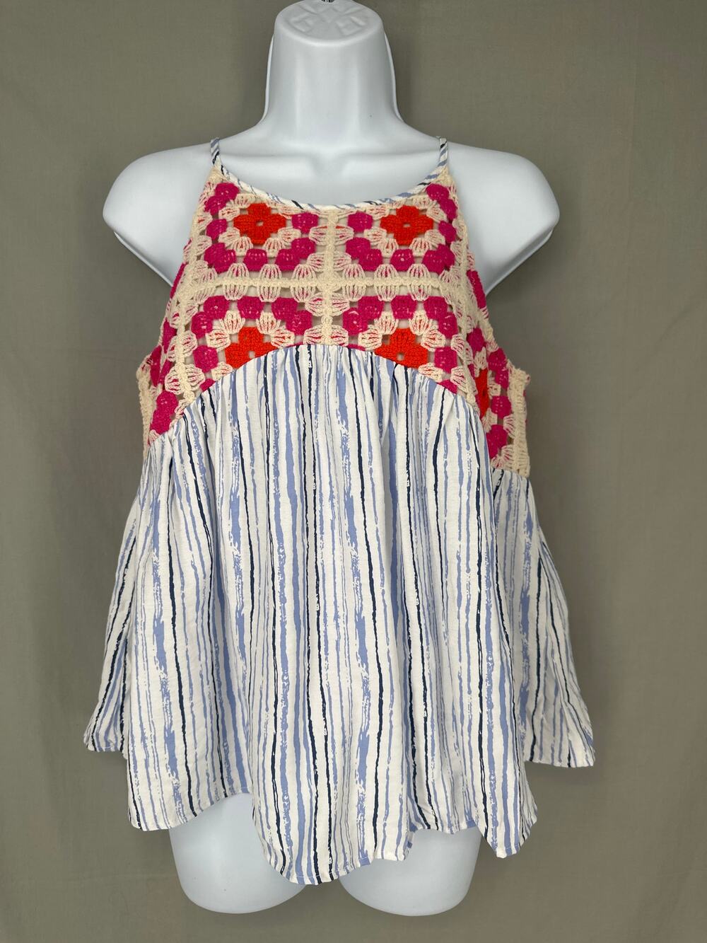 THML Top Womens XS Blue Flowy Tank Pink Crochet Floral Cottage Boho Halter
